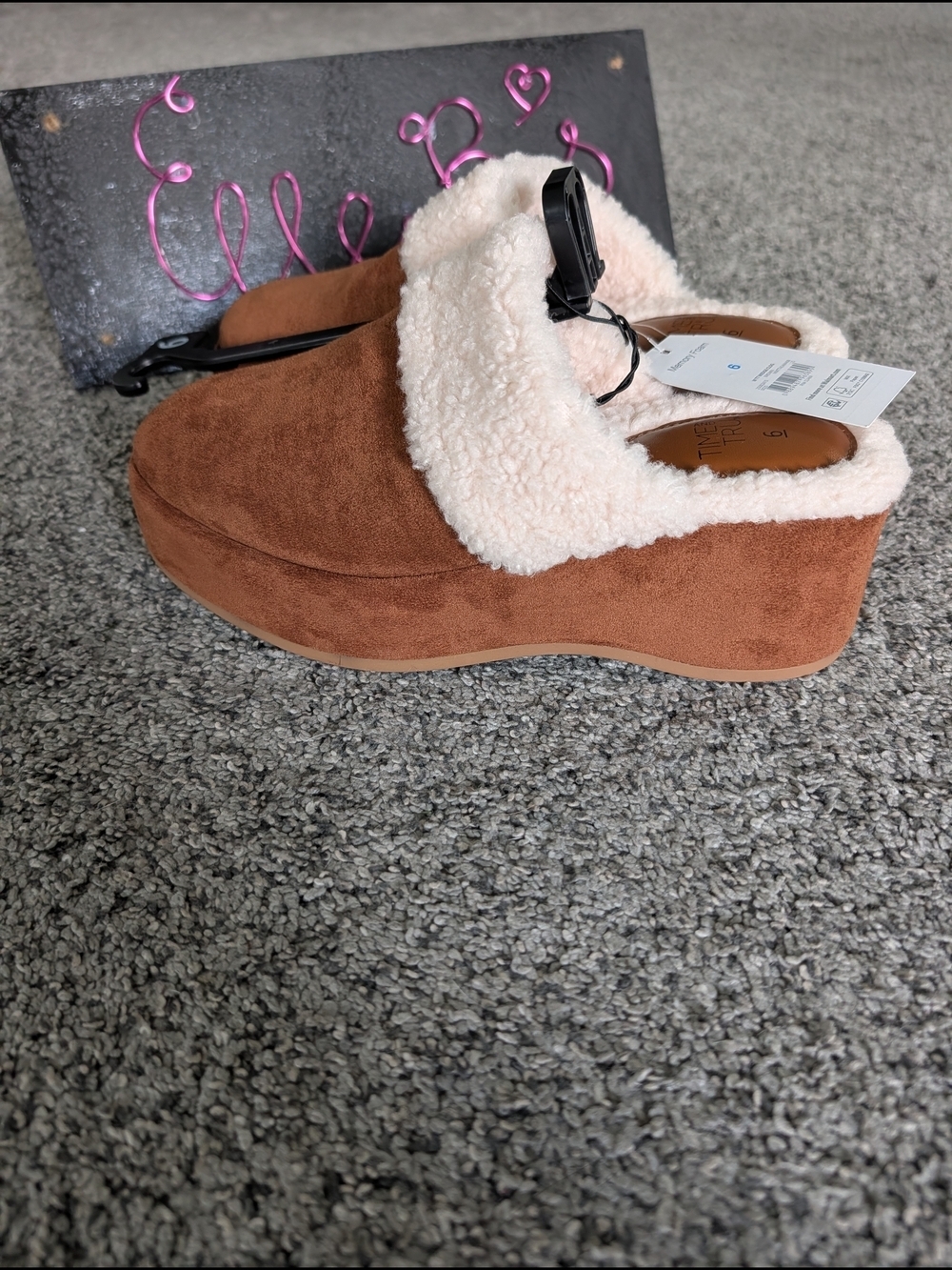 NwtTime and Tru Platform Brown Faux-Suede Mule with Cream Sherpa Collar 6